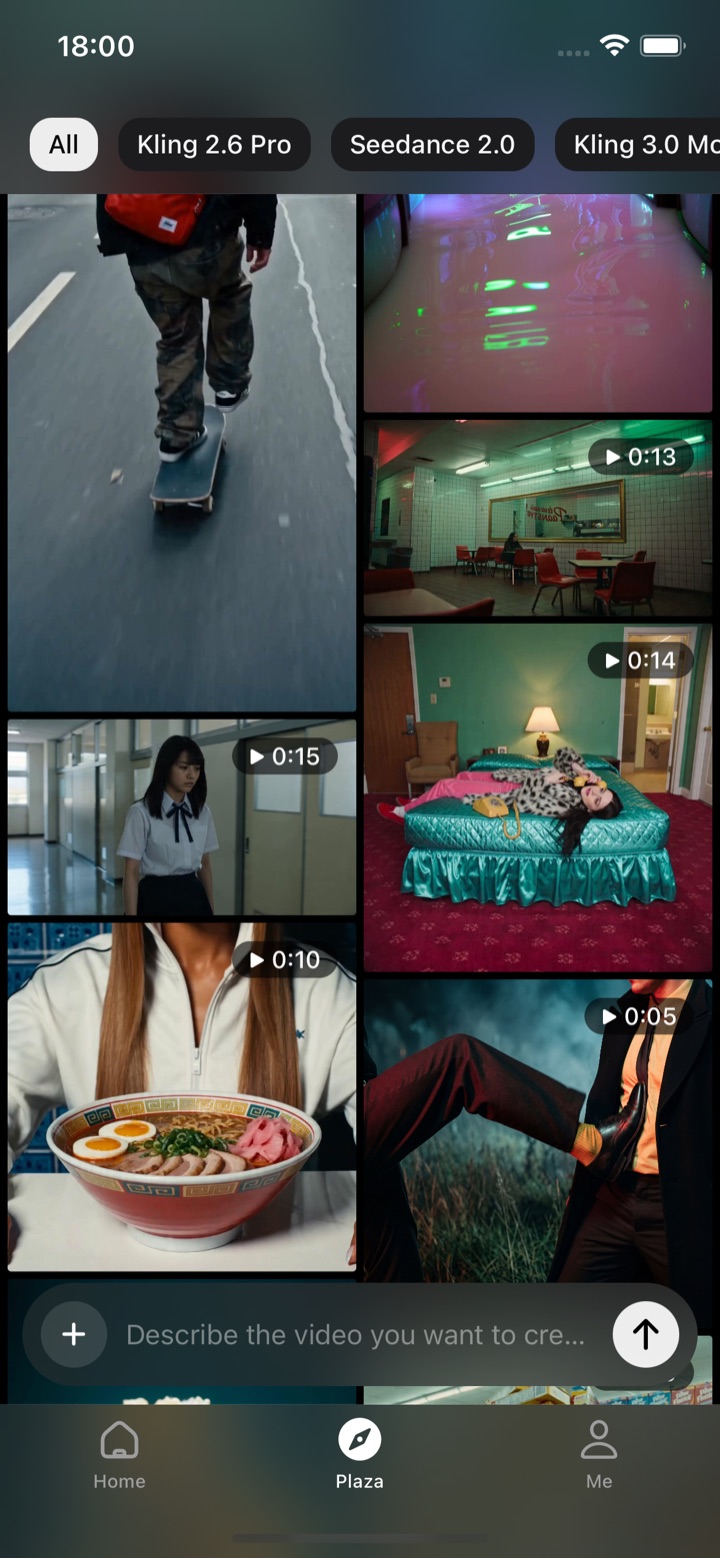 Seedance app — the Plaza feed of AI-generated videos